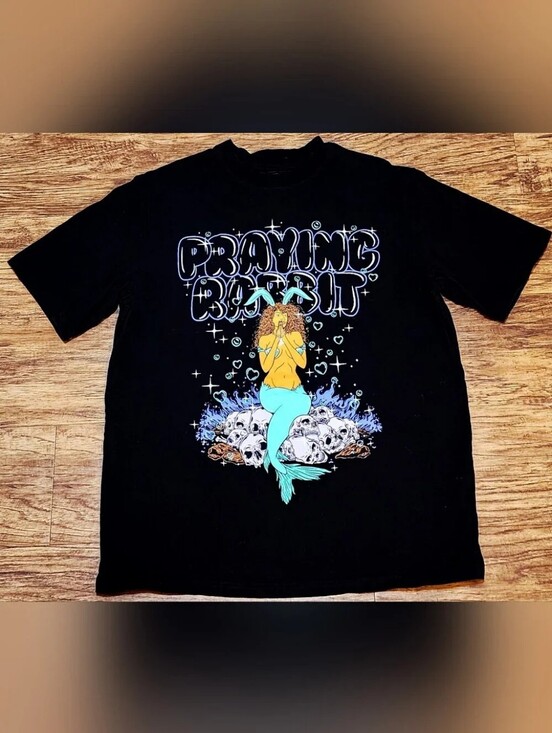 praying rabbit Tops - Black Short-Sleeve Graphic Tee with Praying Mermaid Print - PRAYING RABBIT